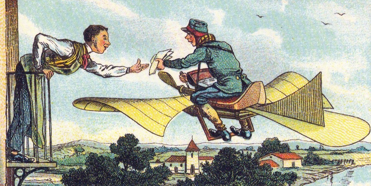old drawing of a man on a balcony recieving mail from a delivery person flying by on a glider