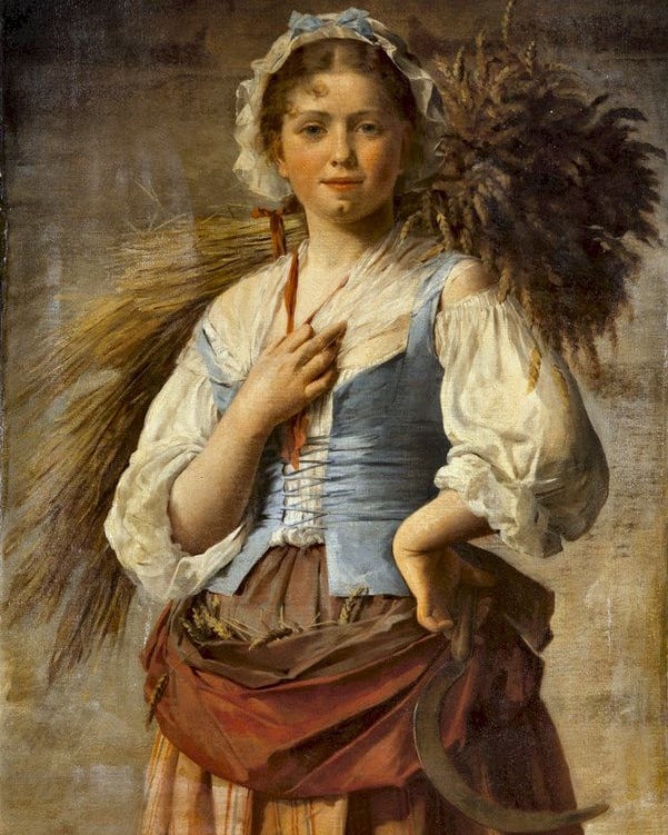Painting, portrait of a young peasant girl by Jeanne Bole, woman in bonnet with wheat on her shoulder and a sickle in her hand