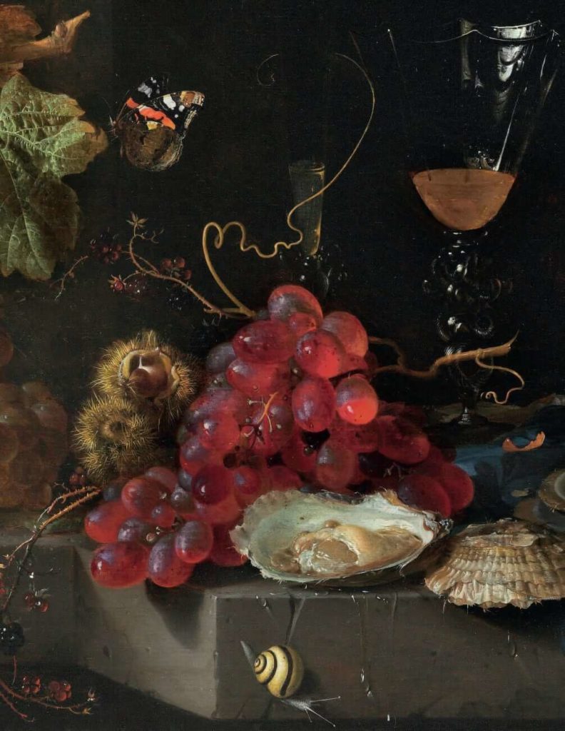 painting by Jan Davidsz. de Heem, of grapes, peaches, blackberries, scallops, chestnuts, and façon-de-Venise wine glasses on a partially draped stone ledge with a snail, a butterfly, and a bumblebee
