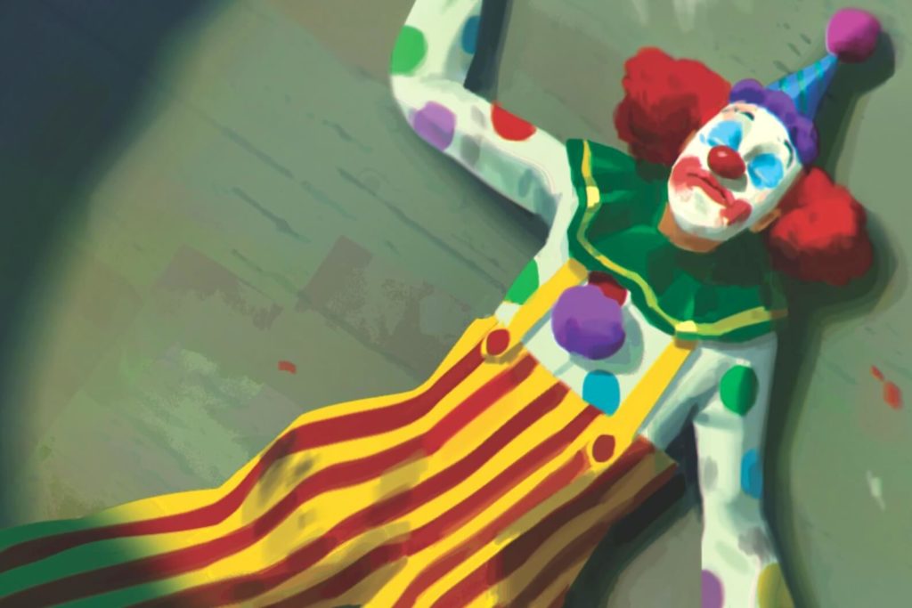 Illustration of clown lying dead in colorful clothes