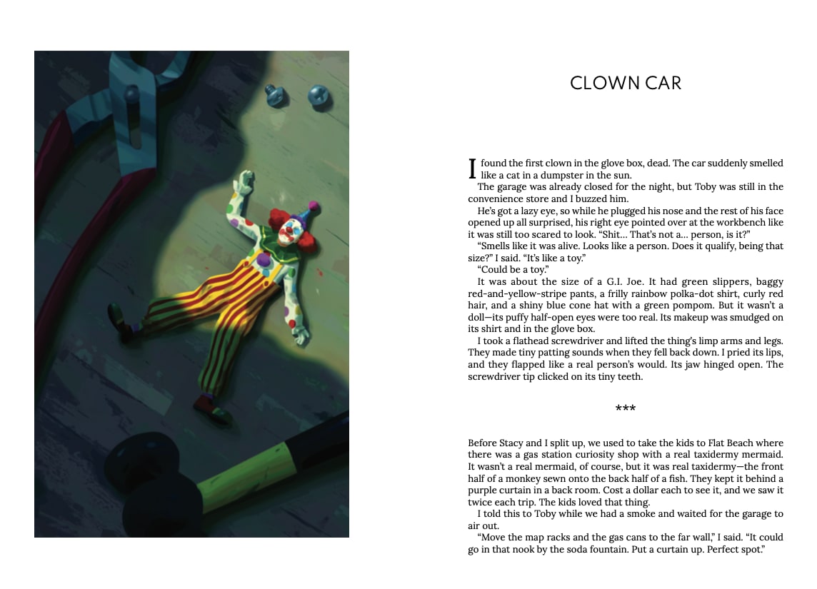 Screenshot of two-page spread, showing an illustration of a doll-sized clown lying on a table with large tools nearby, and the large shadow of a man's head and shoulder cast over it, and the first page of the short story "Clown Car"