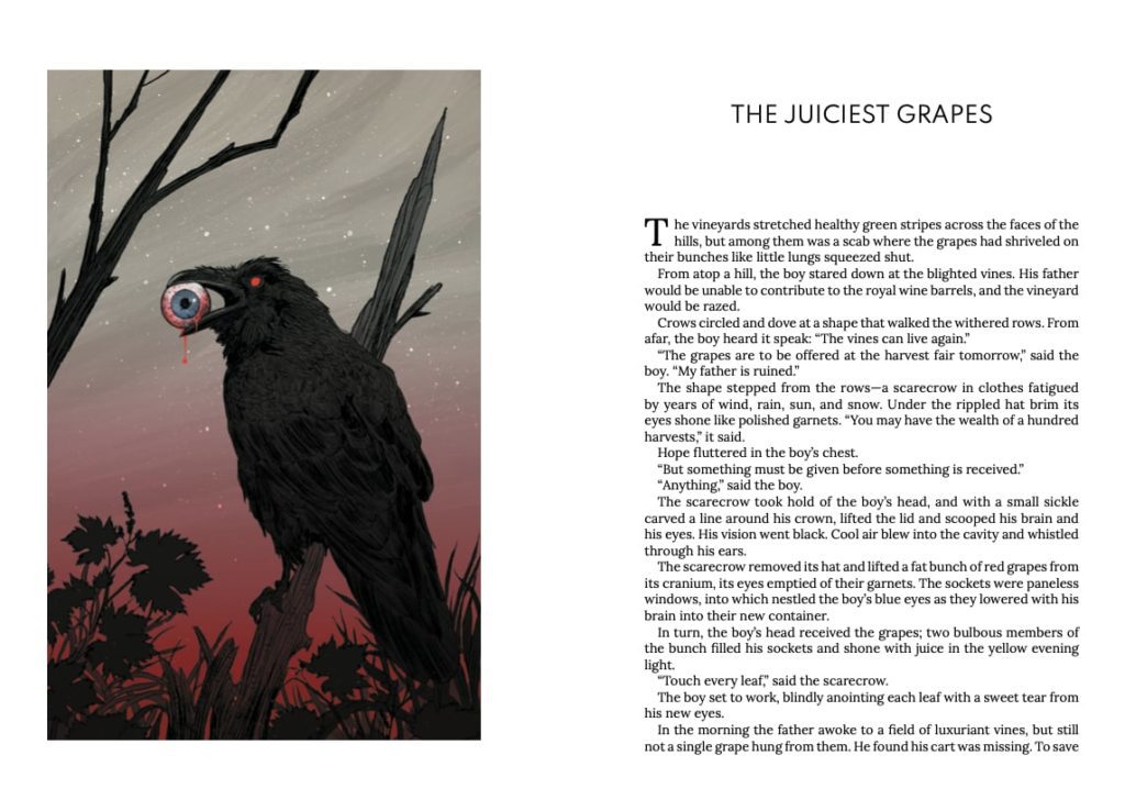 Screenshot of two-page spread, showing an illustration of a crow perched on a branch at twilight with a bloody eyeball in its beak, and the first page of the short story "The Juiciest Grapes"