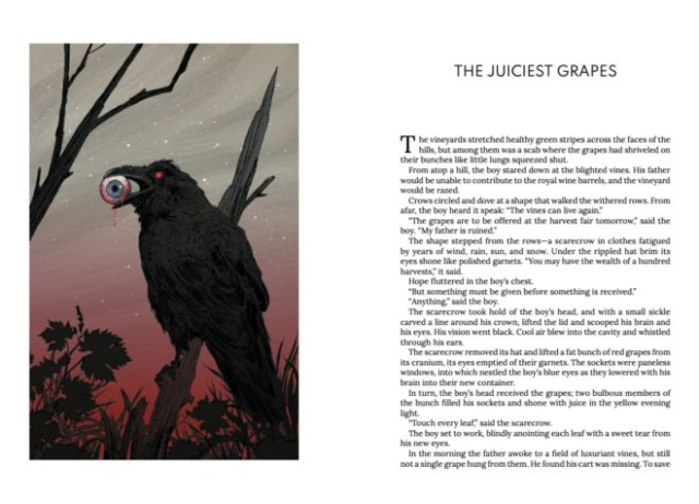 Screenshot of two-page spread, showing an illustration of a crow perched on a branch at twilight with a bloody eyeball in its beak, and the first page of the short story "The Juiciest Grapes"