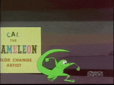 Animated GIF from Looney Tunes cartoon of a chameleon leaping and changing color from a yellow to red background, then screeching to a halt before a plaid background