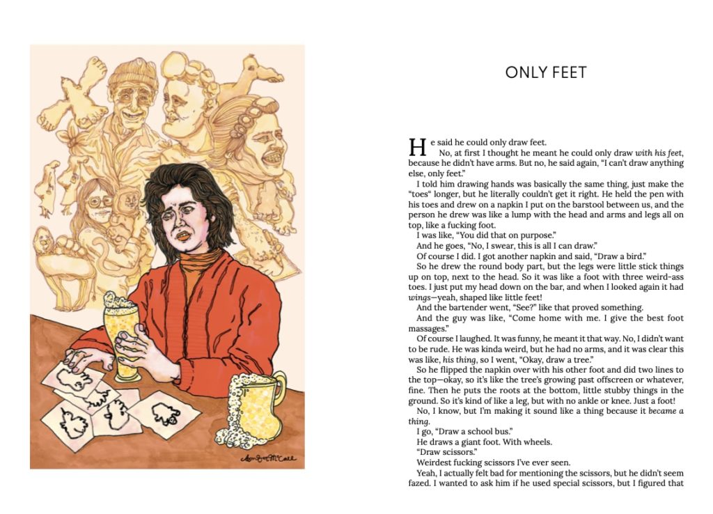 Screenshot of two-page spread, showing an illustration of a woman staring disgusted at a glass of beer with foam shaped like toes, drawings of feet creatures on a counter, and apparitions of feet creatures all around her head, and the first page of the short story "Only Feet"