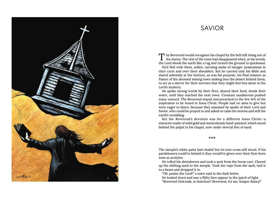 Screenshot of two-page spread, showing an illustration of a reverend, cape blowing in the wind, holding a Bible before the steeple of a church jutting from sand dunes, and the first page of the short story "Savior"